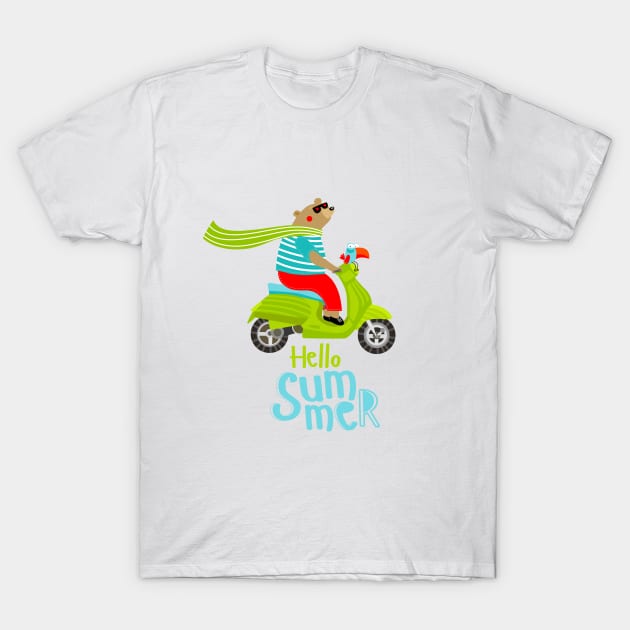 Funny bear on a moped T-Shirt by olya_utchenko